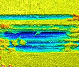 3D profilometry false-color image of fretting wear mark showing wear depth and debris accumulation – Rtec Instruments fretting tester