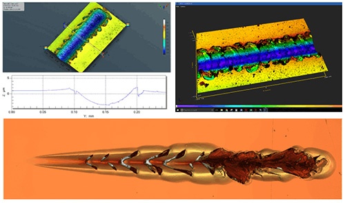 Scratch test composite data showing 3D surface topography, wear track profile, and optical microscopy image – Rtec Instruments SMT scratch tester