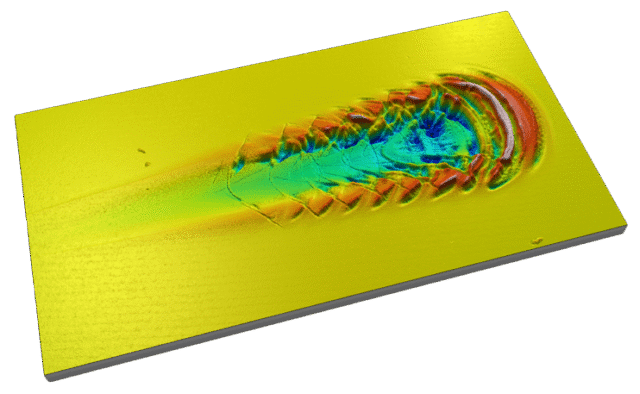 3D profilometry scratch test data on hard coating showing progressive deformation chevron cracking and delamination under increasing load – Rtec Instruments SMT