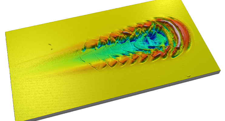 3D profilometry scratch test data on hard coating showing progressive deformation chevron cracking and delamination under increasing load – Rtec Instruments SMT