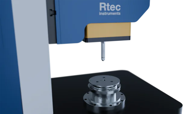 MFT-1000 Multi Function Tribometer – Indenter Tip and Sample Stage – Rtec Instruments MFT-1000 multi function tribometer indenter tip approaching rotary sample stage three-quarter view – Rtec Instruments