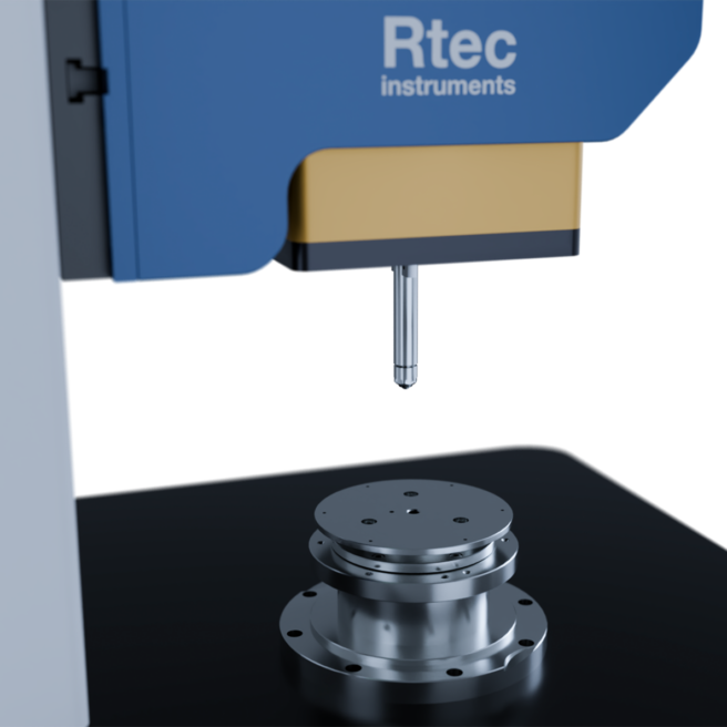 MFT-1000 Multi Function Tribometer – Indenter Tip and Sample Stage – Rtec Instruments MFT-1000 multi function tribometer indenter tip approaching rotary sample stage three-quarter view – Rtec Instruments
