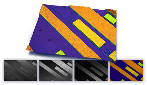 Confocal 3D profilometry multi-mode imaging of semiconductor component showing bright field dark field and false-color topography – Rtec Instruments UP-3000 UP-5000