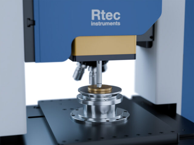 MFT-2000 Tribometer – Indenter Tip and Sample Contact Zone – Rtec Instruments MFT-2000 tribometer indenter tip approaching sample on rotary stage with in-situ optical microscope close-up – Rtec Instruments