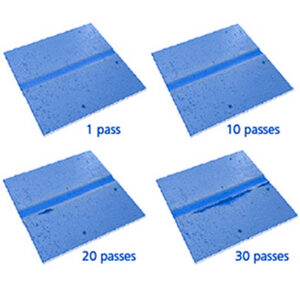 3D surface topography images comparing multipass scratch wear track at 15N on hard coating after 1, 10, 20, and 30 passes