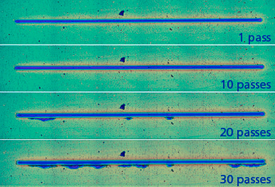 Optical microscopy images showing evolution of multipass constant scratch at 15N on TiN coating from 1 to 30 passes with progressive wear damage