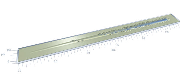 3D scratch panorama of a DLC coating showing critical loads, surface deformation, and coating failure.