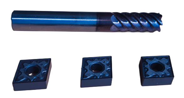 PVD coated end mill and carbide inserts with dark blue hard coating for wear and corrosion resistance