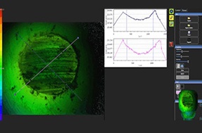 Ball Scar 3D Profilometry Analysis Using Rtec Universal Profilometer 3D profilometry scan of ball scar wear mark with color height map and surface profile graphs on Rtec profilometer software
