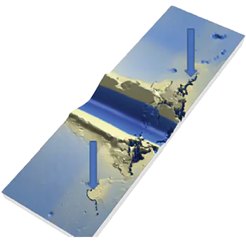 Cohesion-failure-in-the-coating 3D surface profile of a scratch test track showing spallation and cracking at both ends