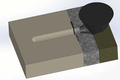Cross-sectional-scratch-testing-failures 3D CAD render of a friction stir welding tool joining two metal workpieces