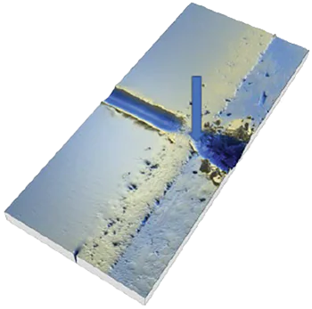 cohesive-failure-at-the-free-surface-of-coatings 3D surface profile of a scratch test track showing minor localized coating chipping